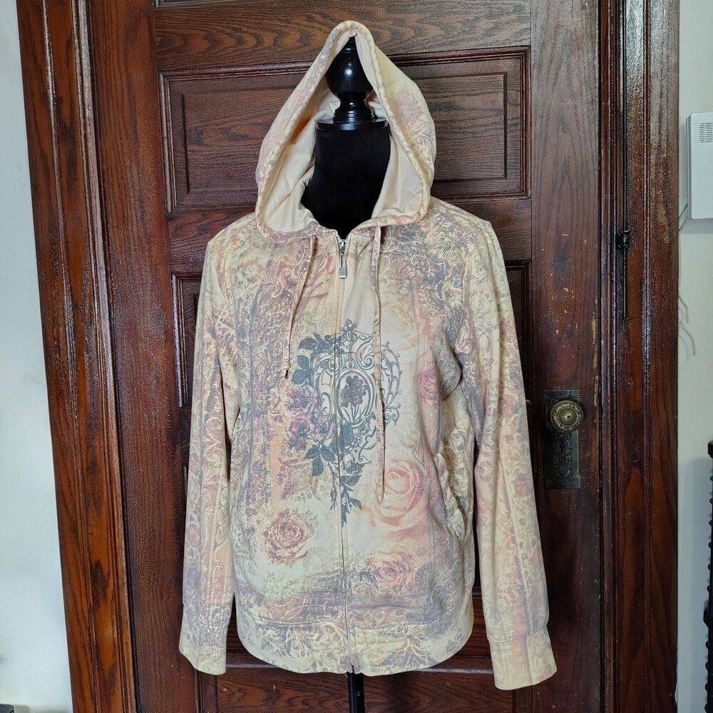 Y2K Soft Goth Full Zip Hoodie Coquette Peach Ornate Crest Floral Graphic Wmns L